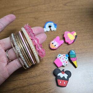 Child size Gold Bangle bracelets & Croc shoe charms Set Girls Dress up jewelry